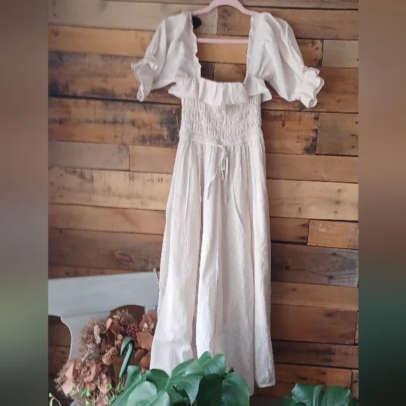 Smocked Cream Maxi Dress with Puff Sleeves - Picture 3 of 13